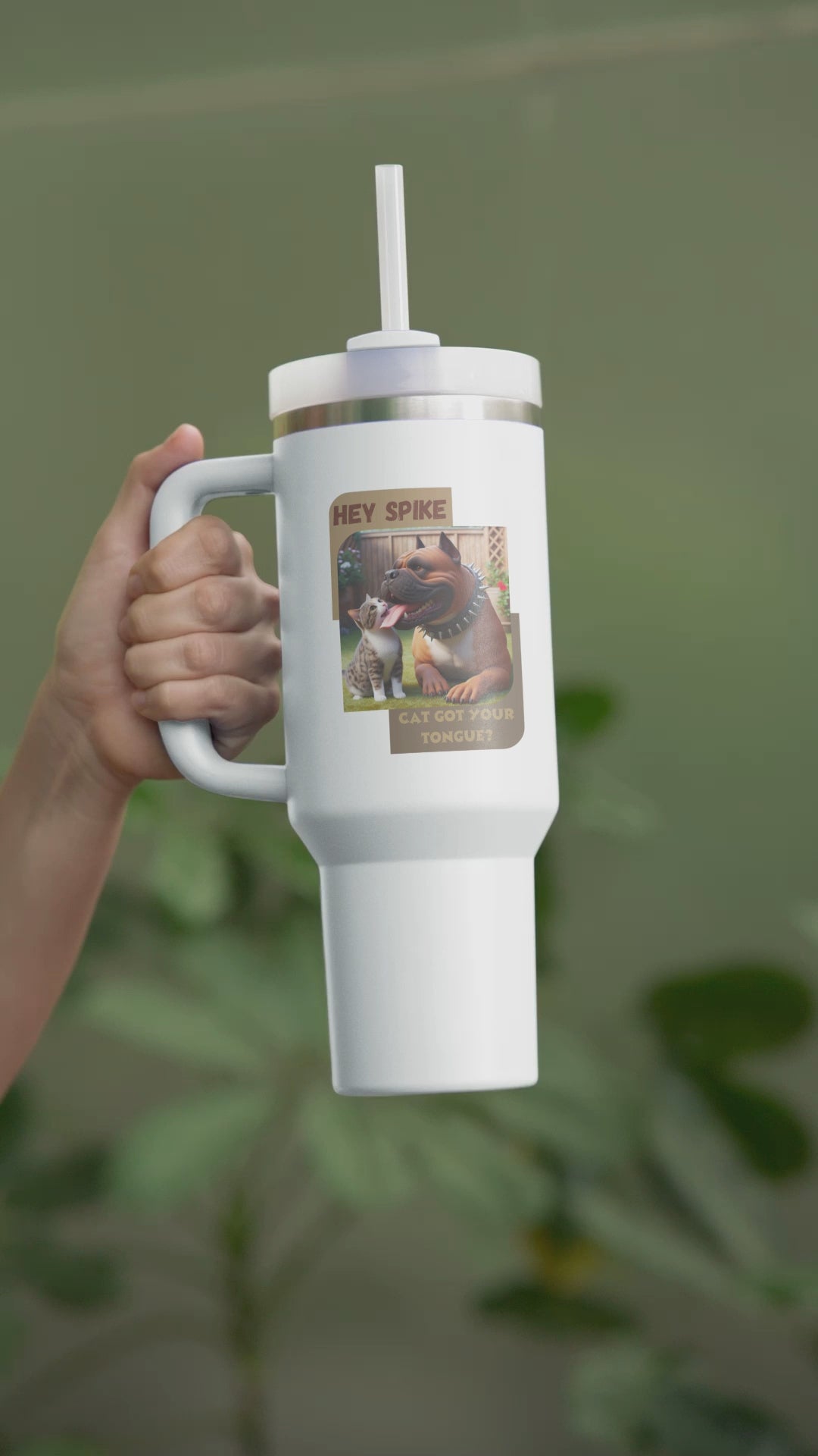 Travel mug with Spike the bulldog cat got your tongue?