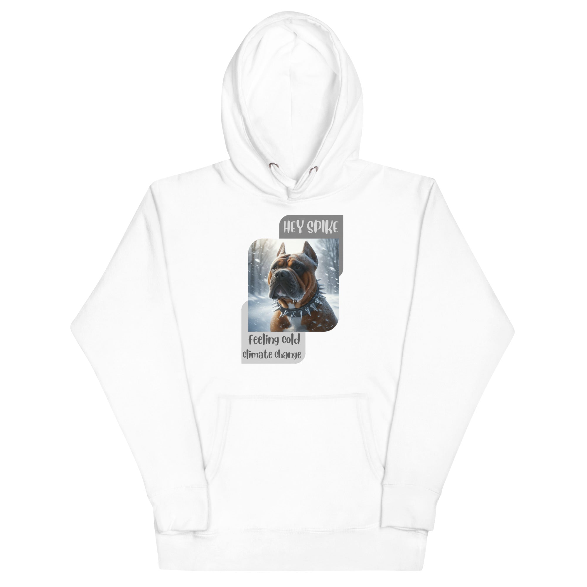 Hoodie with Spike the bulldog shivering in the cold climate change